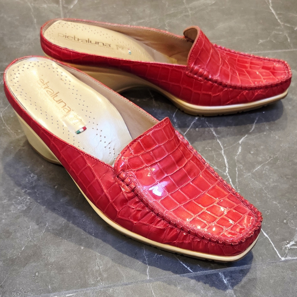 Red Croc-Patterned Mules, Italian Leather